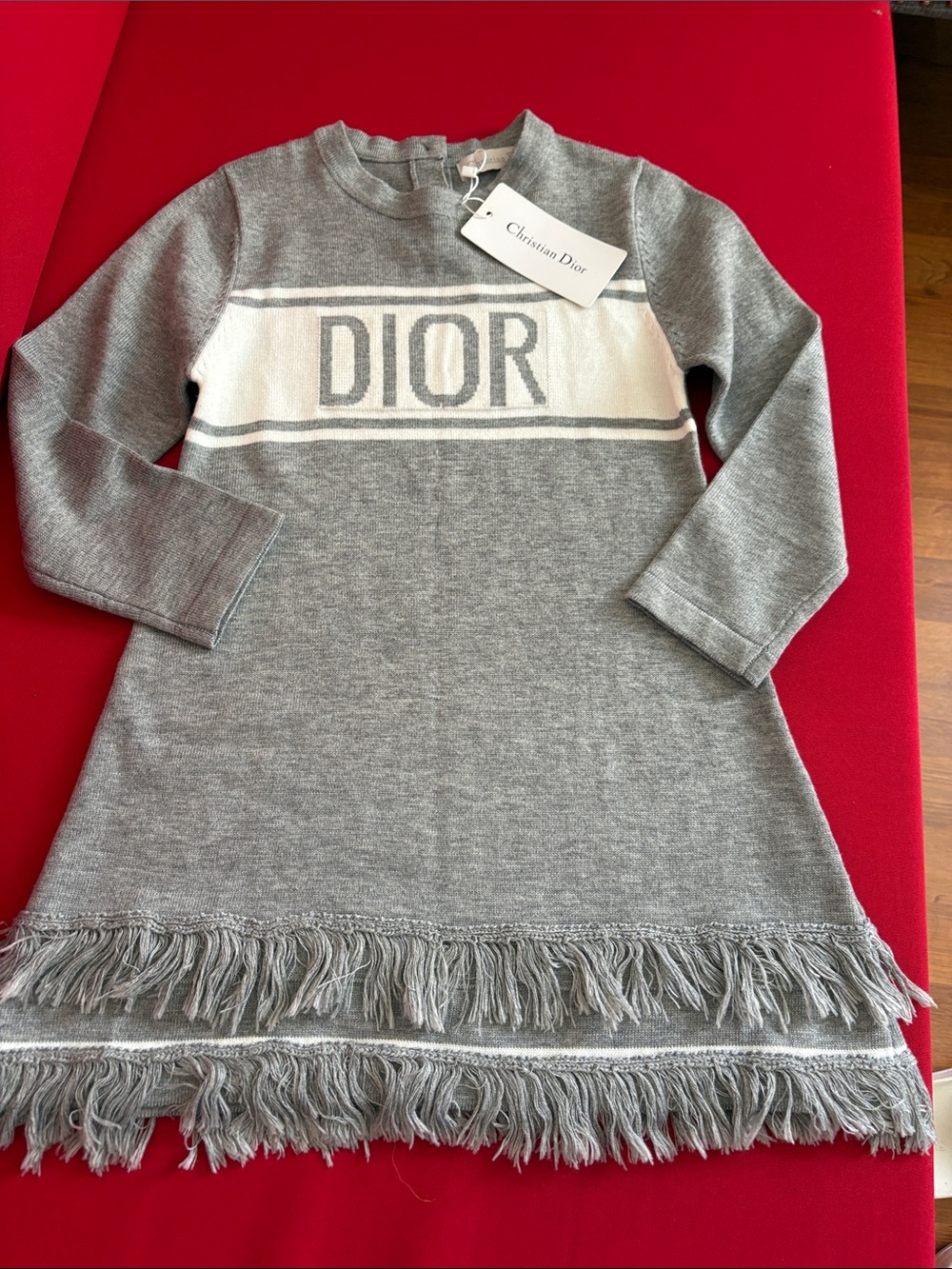 Dior Gray and White Logo Knit Fringe Girls Dress